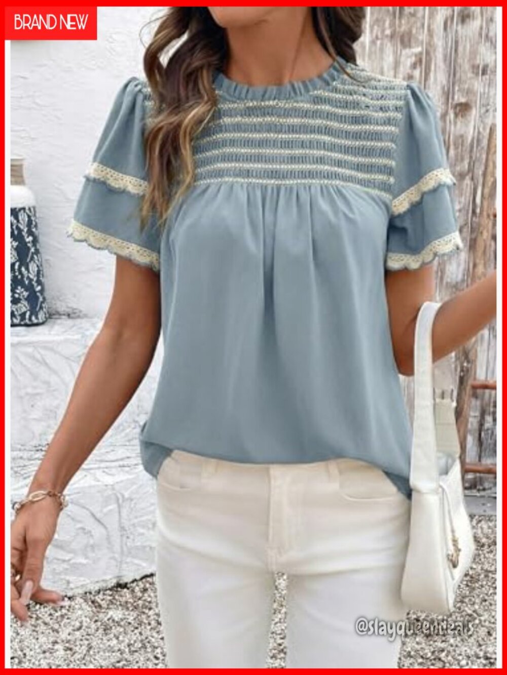 Women Crewneck Ruffle Short Sleeve Blouse Flowy Boho Top - Picture 6 of 7